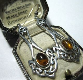 Vintage Jewellery Large Sterling Silver 925 Celtic Knot Amber Signed EARRINGS 3