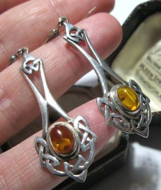 Vintage Jewellery Large Sterling Silver 925 Celtic Knot Amber Signed EARRINGS 5