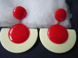 Vintage Large Red Off White Plastic Dangle Earrings Runway Style