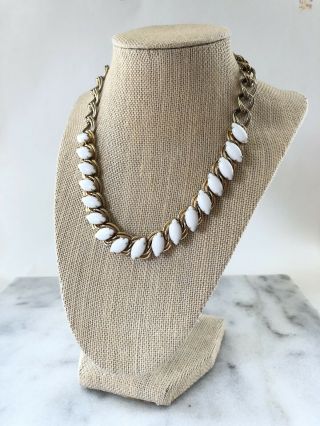 Vintage 60s White Milk Glass Rhinstone Necklace