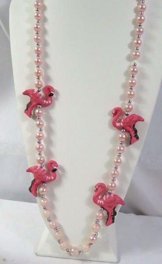 J6 Vtg Pink Faux Pearl Silver Tone Bead Flamingo Infinity Strand Necklace 20 "