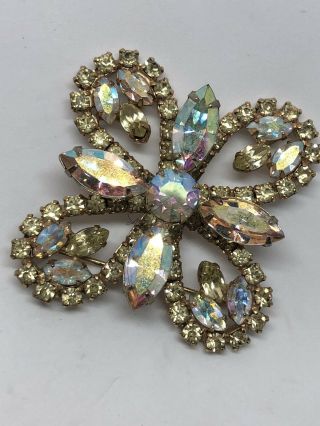 juliana Vintage pale yellow and Aurora Borealis crystal flower brooch pin gift 5