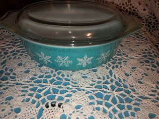 Vintage Pyrex Turquoise Snowflake Oval 1 1/2 Qt Casserole Dish 043 With Lid