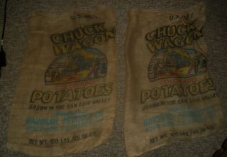 2 Vintage 100 Lb Burlap Potato Sack Bag - Potatoes - Chuck Wagon Colorado Potatoes