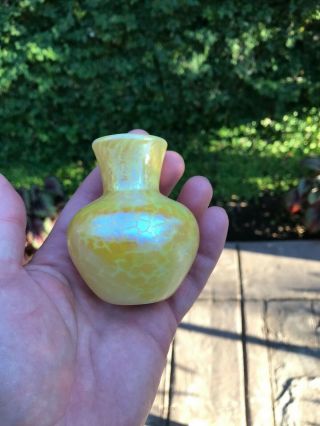 Vintage Signed Orient and Flume Art Glass Gold Iridescent Small Vase.  3 