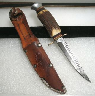 Vintage Bohlin Stag Handle 9 " Hunting Knife W/ Leather Sheath Solingen Germany