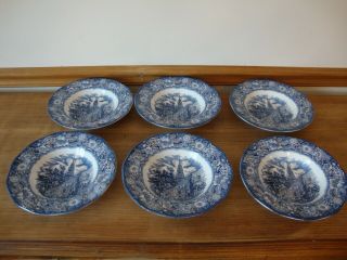 6 Vintage Liberty Blue Staffordshire Old North Church Rimmed Soup Bowls 8 3/4 "
