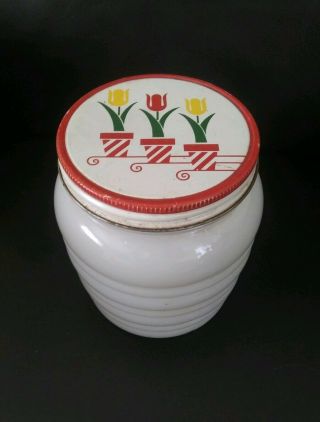 Vintage Anchor Hocking Glass Fire - King Ribbed Ivory Grease Jar W/ Tin Tulip Lid