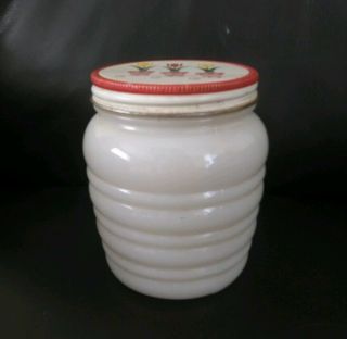 Vintage Anchor Hocking Glass Fire - King Ribbed Ivory Grease Jar w/ Tin Tulip Lid 2