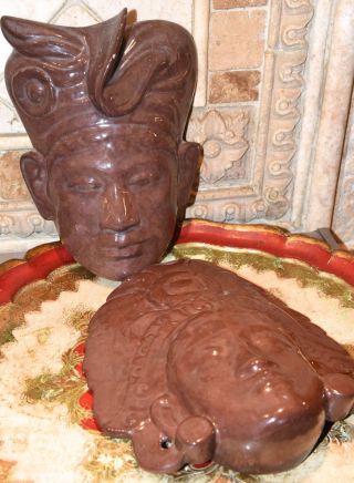 Vintage Ceramic Face Masks Pair Man Woman Aztec Dark Brown Craftastic Wall Art