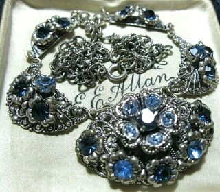 Vintage Art Deco Pretty Czech Filigree Sapphire Crystal Jewellery Drop Necklace