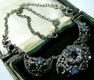 VINTAGE ART DECO Pretty Czech Filigree Sapphire Crystal Jewellery Drop NECKLACE 2