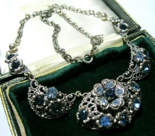 VINTAGE ART DECO Pretty Czech Filigree Sapphire Crystal Jewellery Drop NECKLACE 3