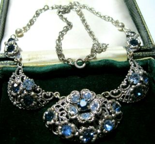 VINTAGE ART DECO Pretty Czech Filigree Sapphire Crystal Jewellery Drop NECKLACE 4