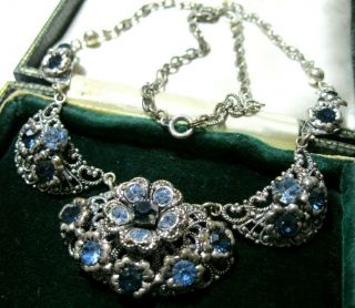 VINTAGE ART DECO Pretty Czech Filigree Sapphire Crystal Jewellery Drop NECKLACE 5