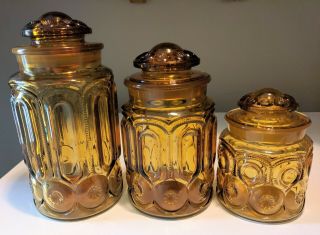 Vintage set of 3 L.  E.  Smith amber glass canisters,  moon and stars 5