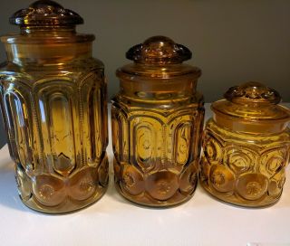 Vintage set of 3 L.  E.  Smith amber glass canisters,  moon and stars 6