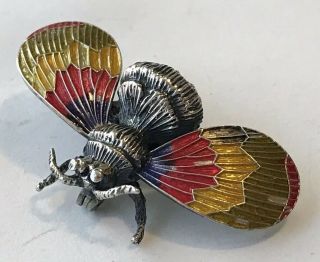 Vintage Beau Sterling Silver Bumblebee Brooch Pin With Multicolor Enamel Wings