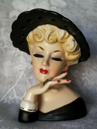 Vintage 1961 Lady In Black Head Vase.  Napco 190.  All Jewelry Present.  Porcelain