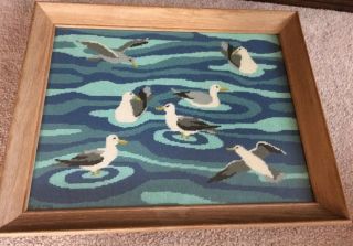 Vintage Framed Needlepoint Cross Stitch Seagulls Birds Ocean 17” X 13”wall Art