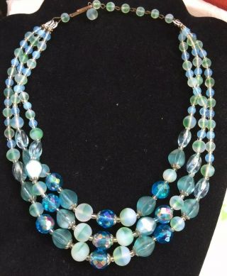 Vintage Triple Strand Frosted Aqua Blue Glass Crystal Necklace West Germany