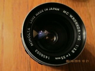 VTG MINOLTA MC W ROKKOR - HG 1:28 f=35mm LENS KIT 1456053 JAPAN W/HOOD CAP CASE 5