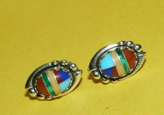Vtg Native Navajo Southwestern Sterling Silver Multi Stone Inlay Earrings Signed