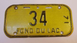 Vintage Wisconsin 1971 Fond Dulac Bicycle License Plate