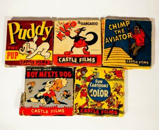 5 Castle Films 8mm Cartoons Puddy The Pup,  Kiko,  Boy Meets Dog Chimp The Aviator