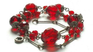 Czech Vintage Art Deco Wired Ruby Red Faceted Glass Bead Necklace