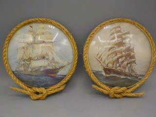 2 Vintage Nautical Clipper Ship Rope Trimmed Convex Glass Pictures Boat Decor