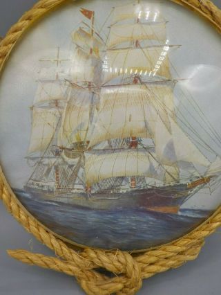2 Vintage Nautical Clipper Ship Rope Trimmed Convex Glass Pictures Boat Decor 2