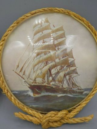 2 Vintage Nautical Clipper Ship Rope Trimmed Convex Glass Pictures Boat Decor 3