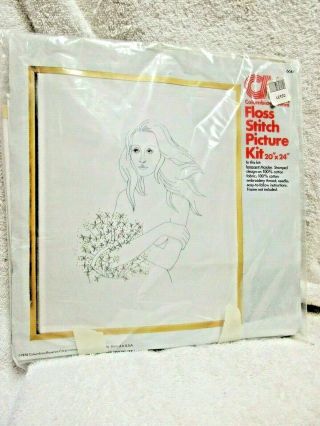 Vtg 70s Cm Floss Stitch Picture Kit 6644 Innocent Maiden 20x24 Lady Embroidery