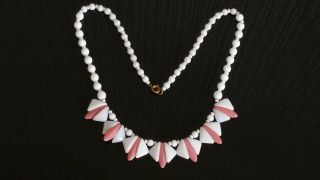 Czech Vintage Art Deco Pink And White Glass Bead Necklace Signed