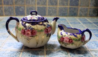 Vtg Cobalt Tea Pot Floral China With Matching Creamer