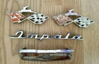 Vintage Chevy Impala Script Emblems Crossed Flags Grille Chevrolet Nameplate