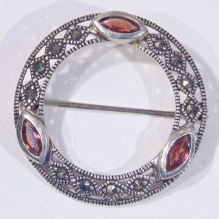 Vintage Sterling Silver Garnet Marcasite Art Deco Revival Circle Pin Brooch A