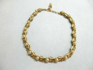 Vintage Trifari Choker Necklace Brushed Gold Tone Leaf Pearls Rhinestones Tag