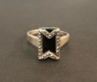 Vintage 925 Sterling Silver Marcasite & Black Onyx Ring Size 8