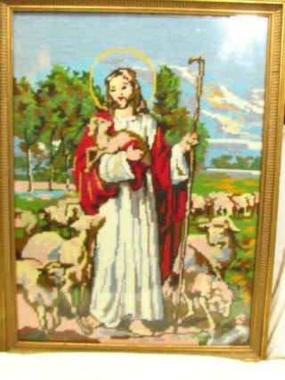 Vintage Needlepoint - Jesus Sheep Lambs Shepherd Finished Completed Framed Glass