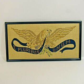 E Pluribus Unum Completed Cross Stitch 9x18 " Vintage Wall Hanging Eagle Usa