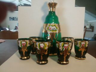Vintage Murano Venetian Emerald Green Decanter 6 Glasses Raisedporcelain Flowers