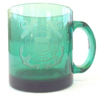 Cup United States Coast Guard 1790 Green Glass Etched Coffee Tea Mug Vintage