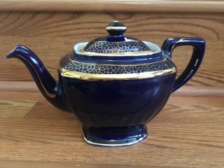 Vintage " Hall " Teapot Cobalt Blue Gold Trim 8 Cup - Model 0108
