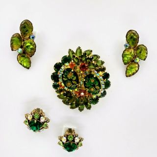 Vintage Brooch And Earrings Set 2 Pair Green Rhinestones In Gold - Tone Alloy