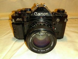 Orig vintage made in Japan Canon A - 1 SLR 35mm camera w/Canon FD 50mm f1.  4 lens 2