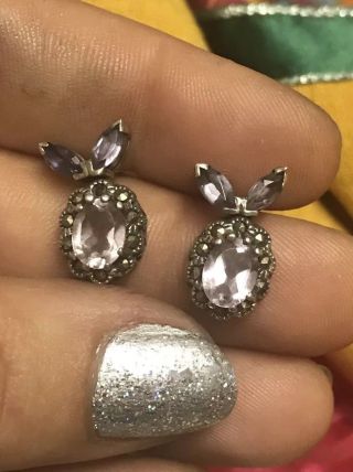 Vintage Solid Silver Pale Amethyst Marcasite Earrings 1950’s Statement
