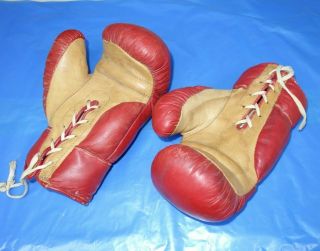 Vintage RED n BROWN KID leather Classic BOXING GLOVES Old Fashioned Gloves 2