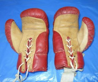 Vintage RED n BROWN KID leather Classic BOXING GLOVES Old Fashioned Gloves 4